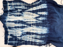 Indigo Hand-dyed denim ( Merchant Mills Finest ) blue and white Yanagi or Willow Shibori patterns on a plain background